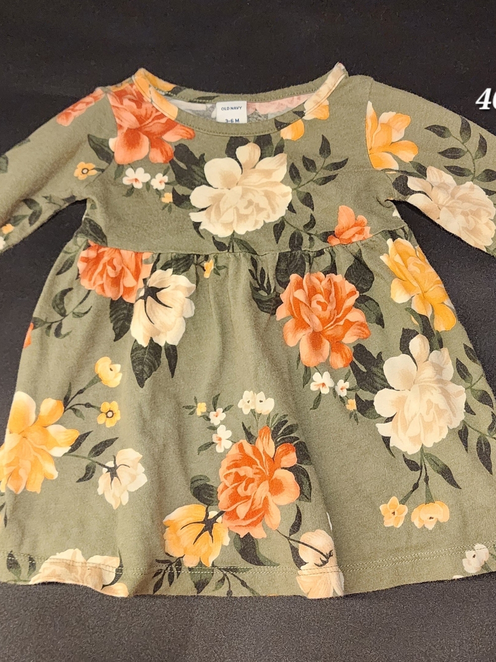 Old Navy Olive Floral Long Sleeve Dress with Orange and Cream Blooms